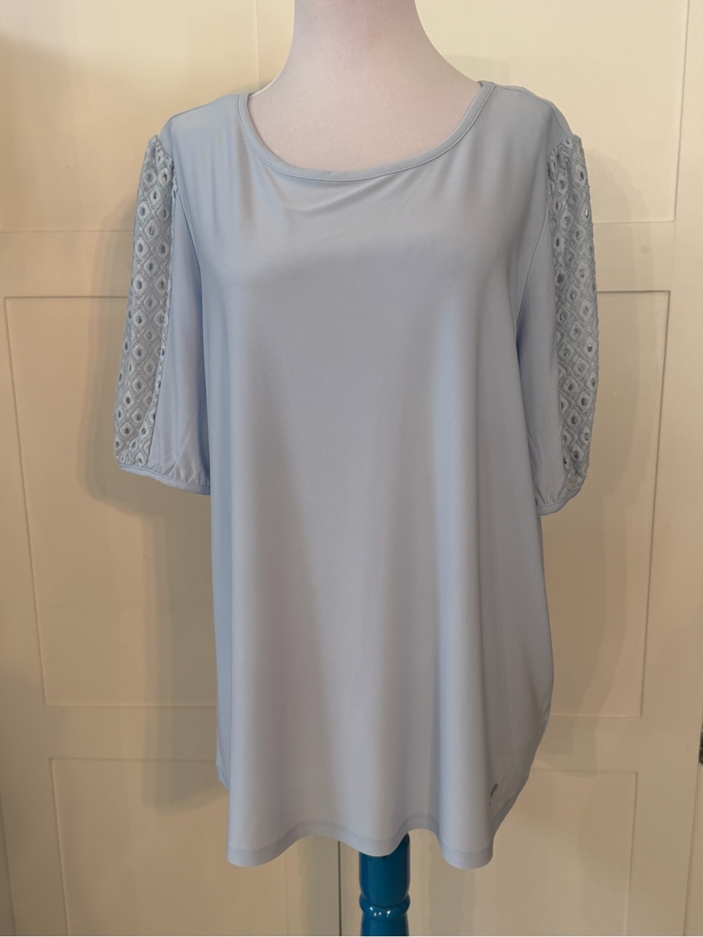 Anne Klein Pale Blue Short Sleeve Top with Eyelet Lace Sleeves 1X